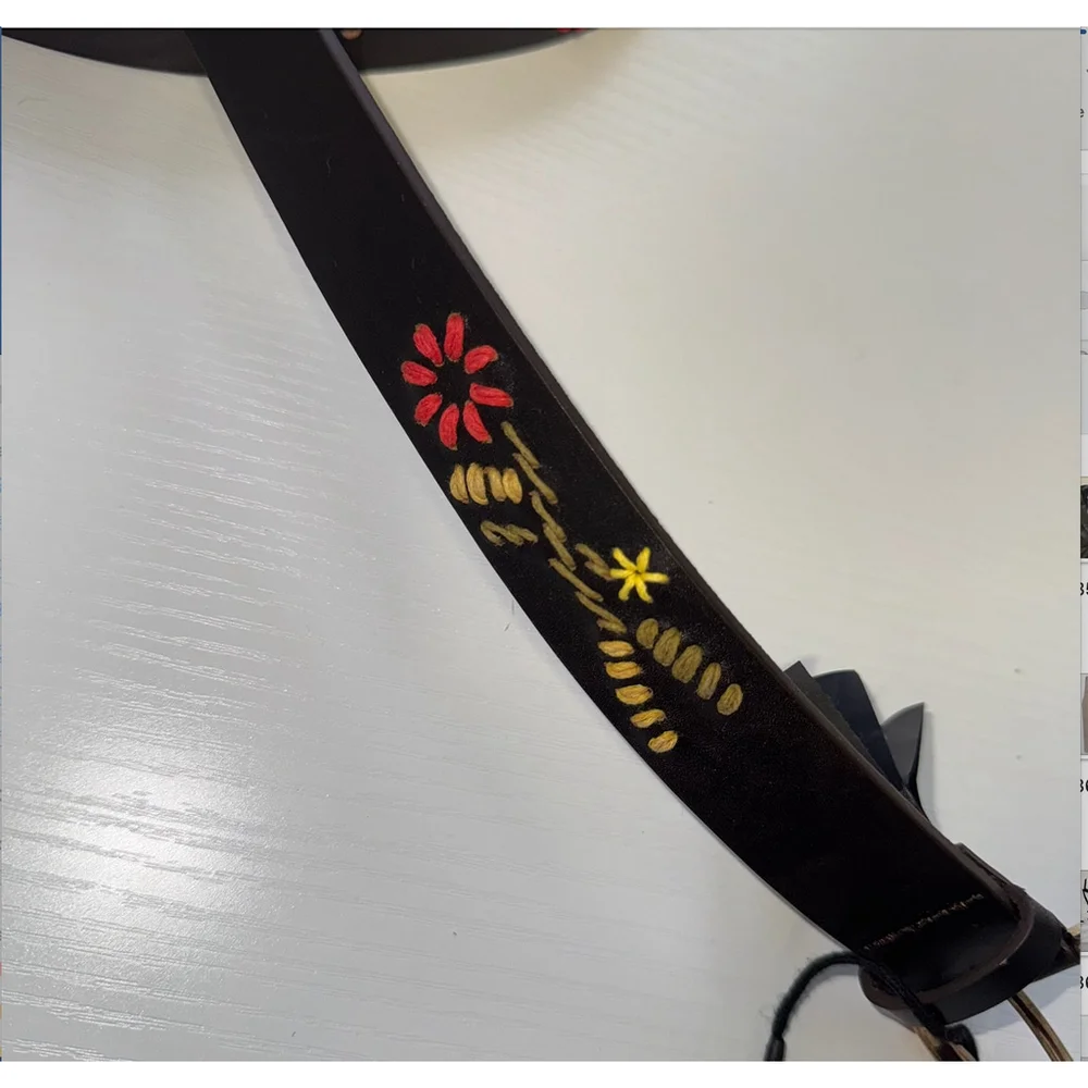 Leather Belt with Floral Embroidery Size 30 US